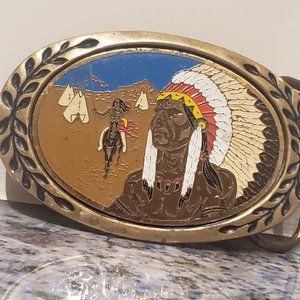 Native American Chief & Warrior Colorful Solid Brass Belt Buckle